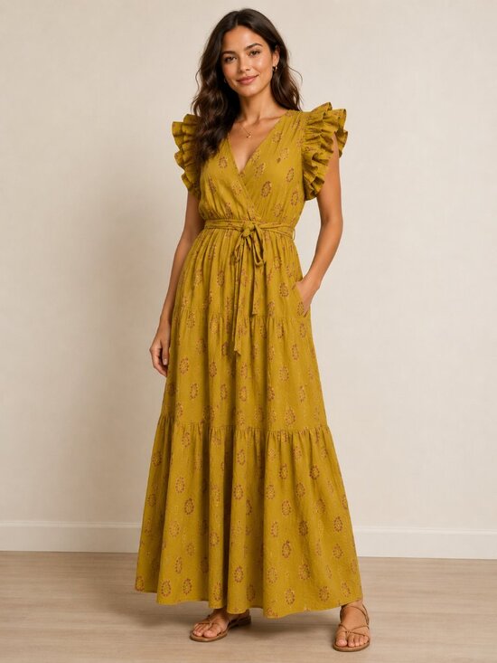 A Loves A Dresses & Skirts - A Loves A Yellow Floral Metallic Stripe Ruffle Sleeve Belted Maxi Dress XL